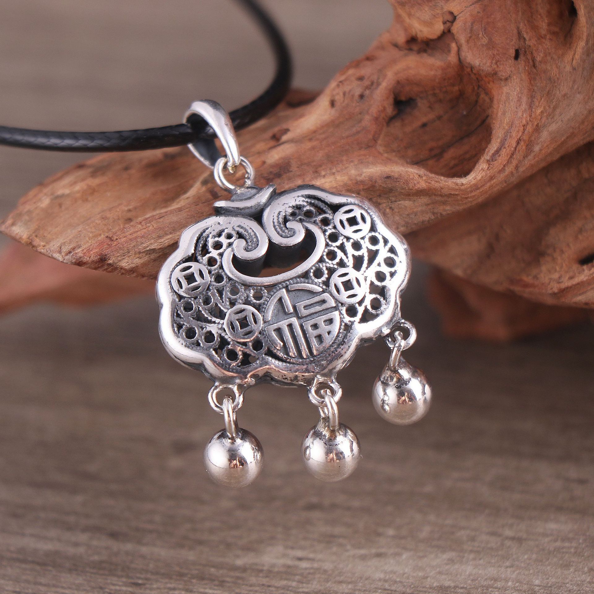 s925镂空长命锁吊坠 福字花丝宝宝锁复古民族风个性女士项链吊坠