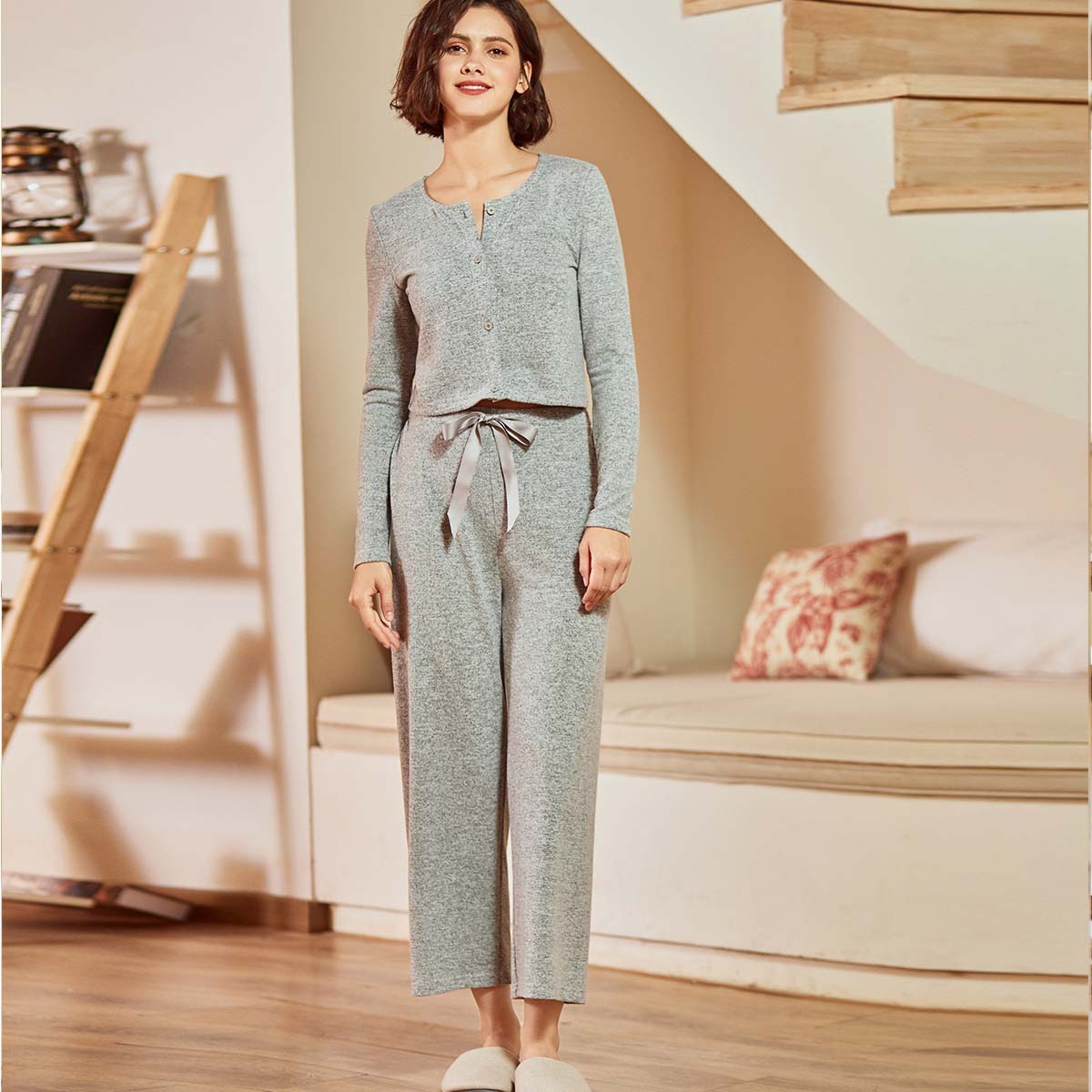 Spring and Autumn New High-Grade Original Home Wear Pajamas Women's Long-Sleeved Trousers with Chest Pad Detachable