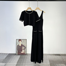 法式S家2025早秋新品女装重工钉珠串花露背针织连衣裙女+短袖开衫