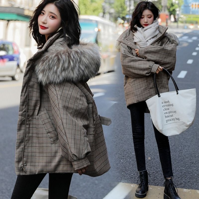 东北可穿大毛领格子棉服女中长款冬宽松棉袄学生加棉加厚棉衣外套
