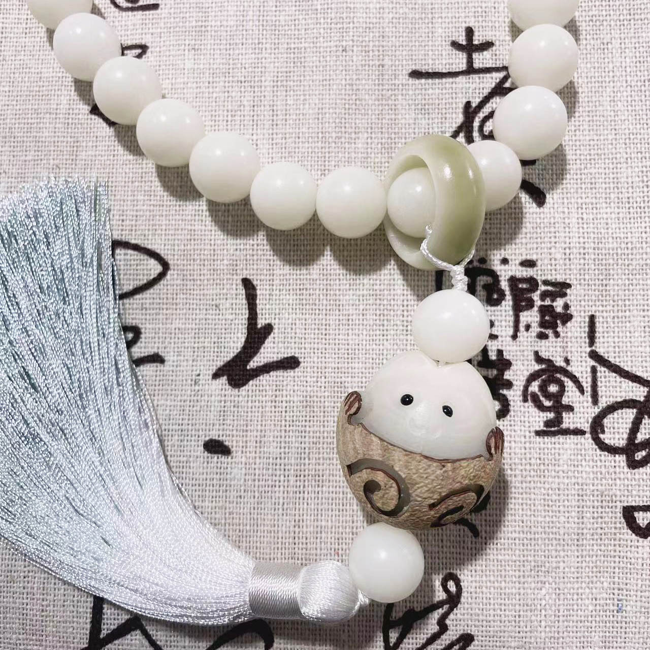 Natural Bodhi Original Seed Polished New White Jade Bodhi Root Flexible Ring Ancient Beads Collectables-Autograph Rosary Handheld Bracelet