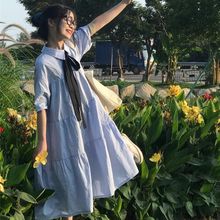 韩版宽松连衣裙子女学生日系学院风小个子中长款短袖Polo领A字森
