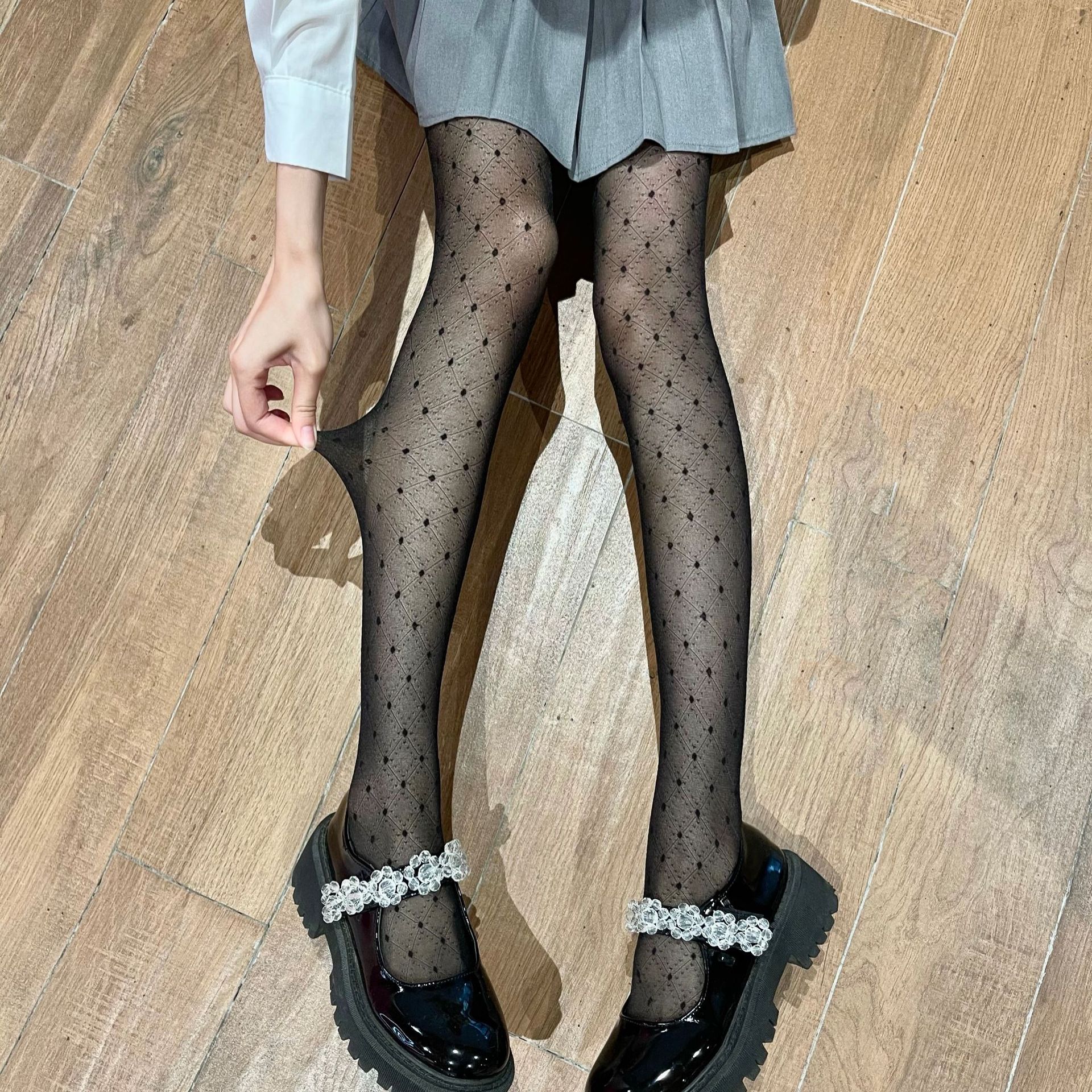 夏季超薄日系复古奶白色包芯丝爱心提花透明丝袜黑丝打底连裤袜女