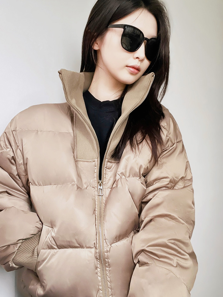 拼接针织立领羽绒服女2024年短款宽松白鸭绒秋冬简约