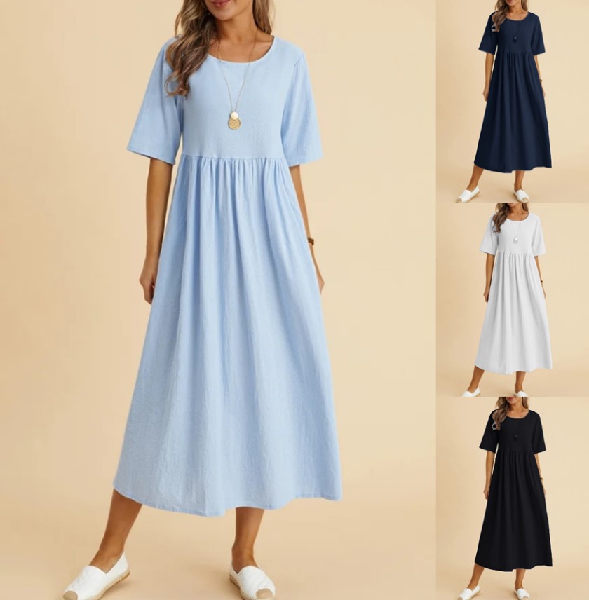 2023 Europe and America Cross Border Women's Cotton and Linen Dress Amazon Large Size Loose round Neck Half Sleeve