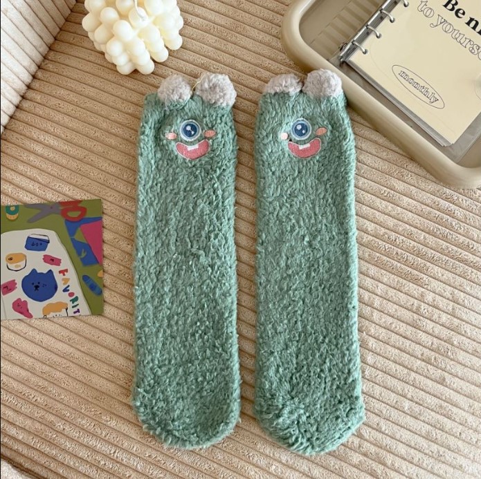 Autumn and Winter New Cartoon Three-Dimensional Ear Embroidery Small Animal Coral Cashmere Socks Home Room Socks Thickened Warm Women's Socks