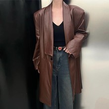 大量现货2023春季新款宽松韩版中长款大翻领机车服皮衣外套风衣女