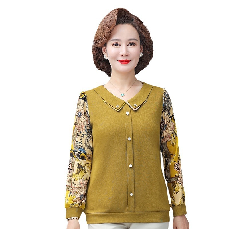 2024年春夏季新款洋气妈妈翻领长袖小衫中老年女装拼接打底t恤衫