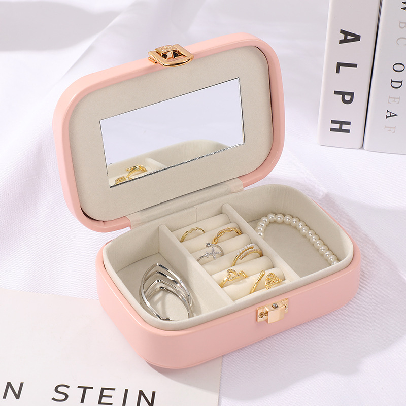 Cute and Compact Multi-Grid with Mirror Jewelry Box Small Portable Jewelry Box PU Leather Candy Multi-Color Jewelry Storage Box