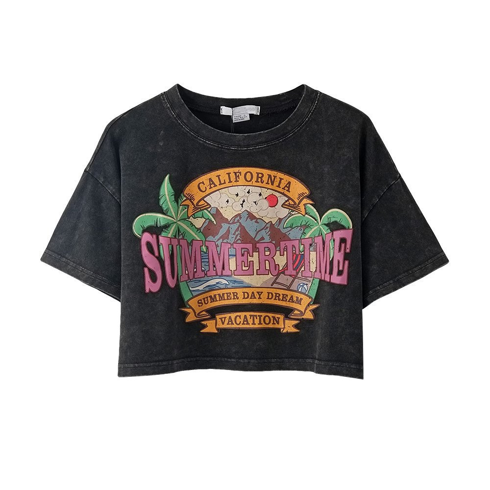 外贸2024夏季新款女装欧美风圆领斑驳做旧印花短袖水洗做旧t恤