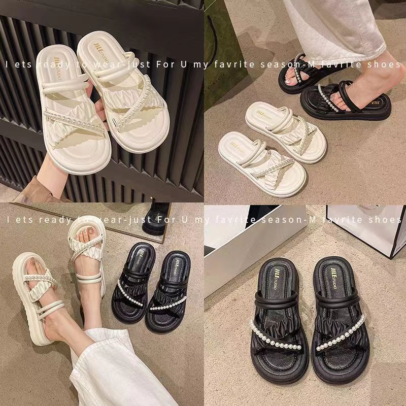 踩屎感凉鞋女夏季2025新款松糕仙女风厚底两穿珍珠凉拖软底半拖