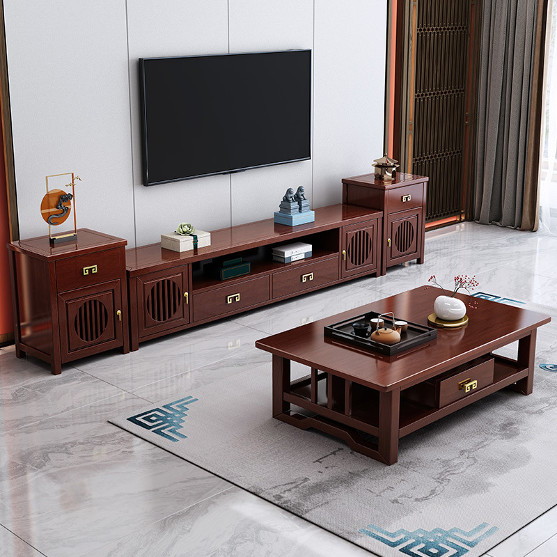 批发新中式全实木电视柜茶几组合紫檀色复古轻奢客厅影视地柜禅意
