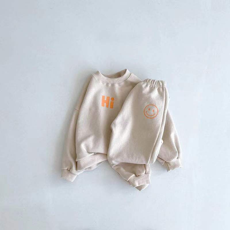 Ins Spring and Autumn Infant Baby Smiley Hi Sweater Suit Boys and Girls Sports Sweater Two-Piece Suit Fashion Baby Clothes
