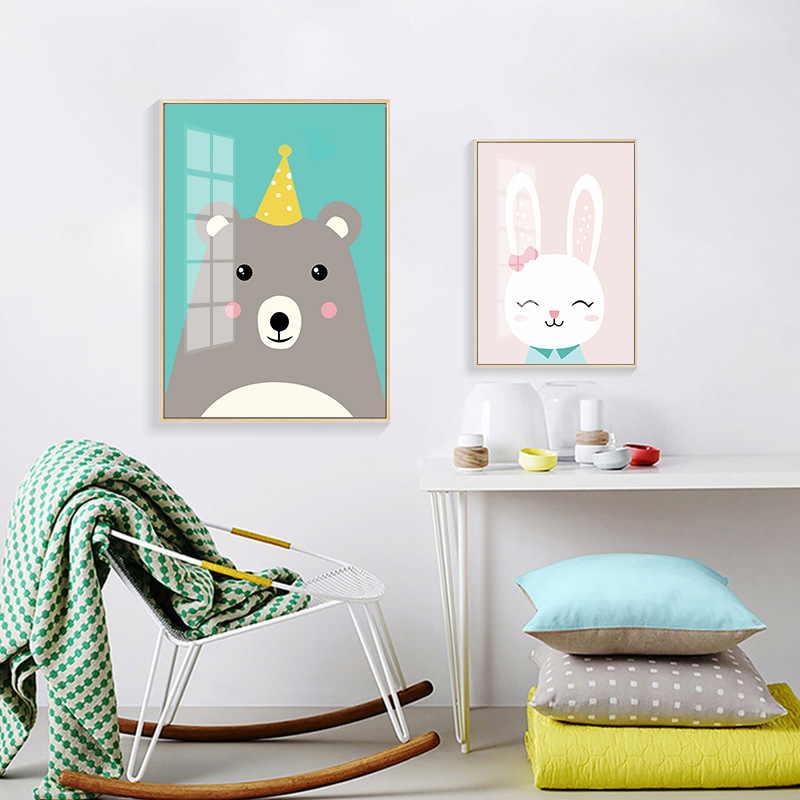 简约现代北欧帆布画卡通熊猫兔子狗熊萌宠装饰画儿童房挂画定制