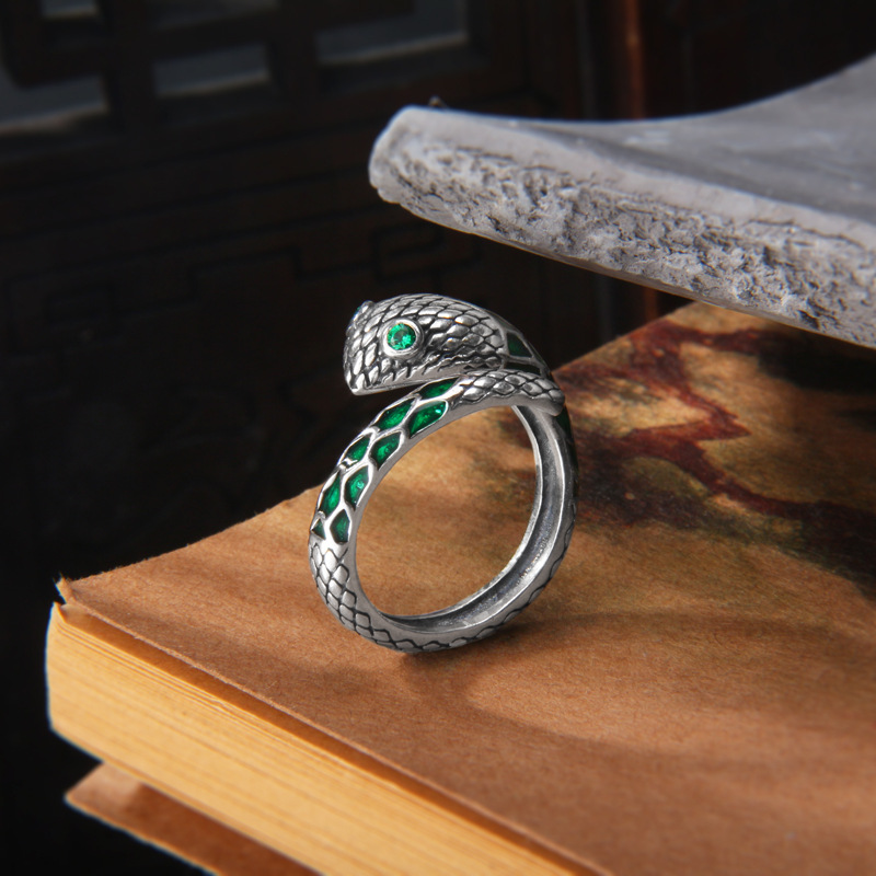 s925纯银灵蛇戒指珐琅工艺绿锆石个性冷淡风朋克风潮流辣妹食指戒