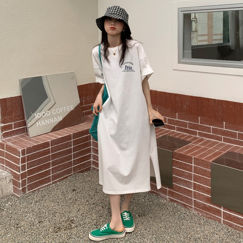 summer korean style large size women‘s loose split over-the-knee t-shirt dress casual simple western style letter print dress