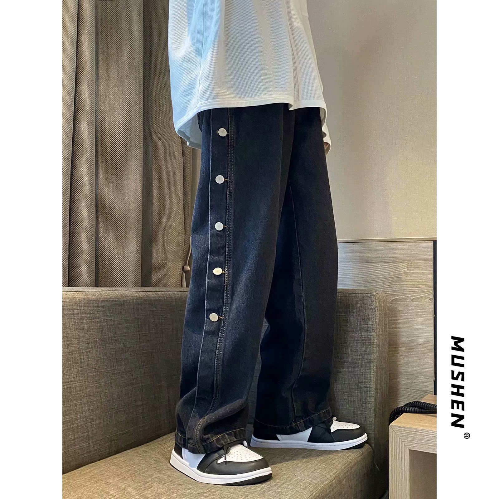 Breasted Jeans Men's Fashion Brand Straight Korean Style Loose Student Trendy Ins Wide Leg Leisure Daddy Pants Delivery