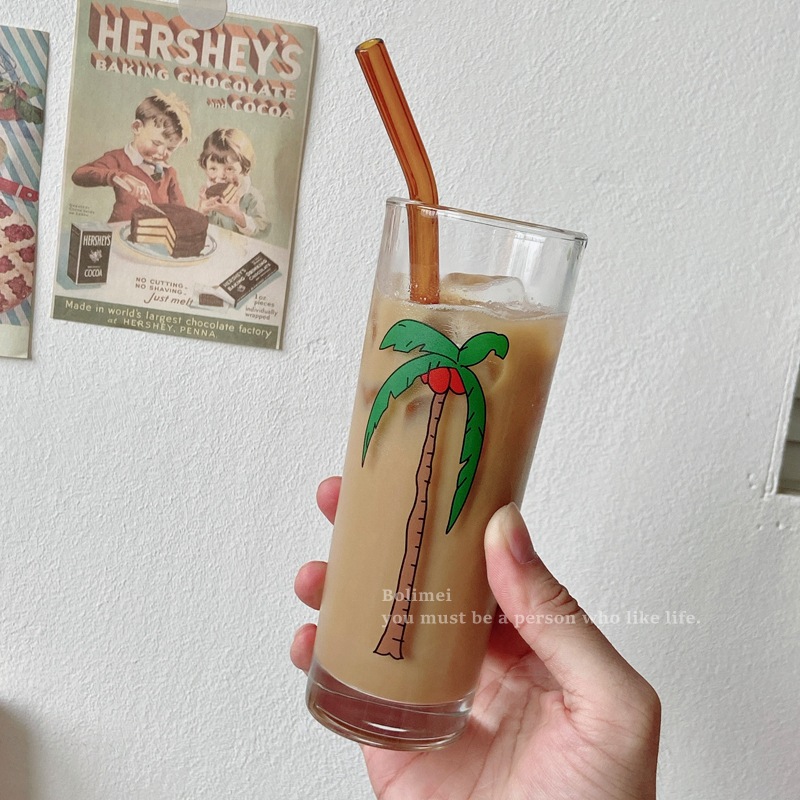 Thermal Transfer Printing Korean Ins Blogger Style Coconut Tree Glass Cold Extraction Coffee Cup Juice Cup Household Water Cup