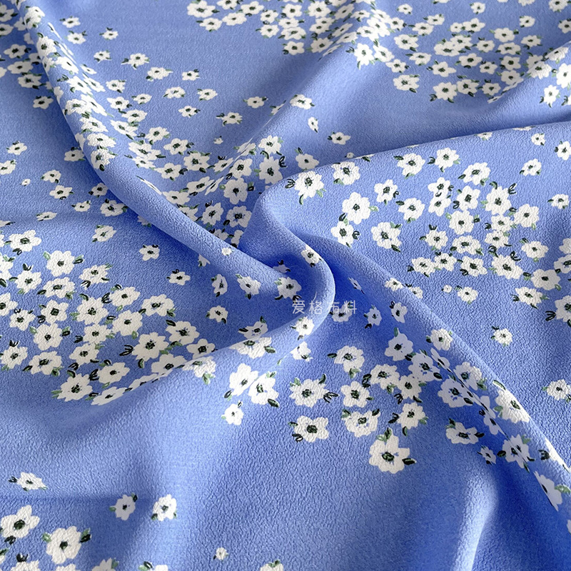 韩国进口蓝色斜纹小碎花印花纯棉麻纱亚麻面料衬衫连衣裙旗袍布料