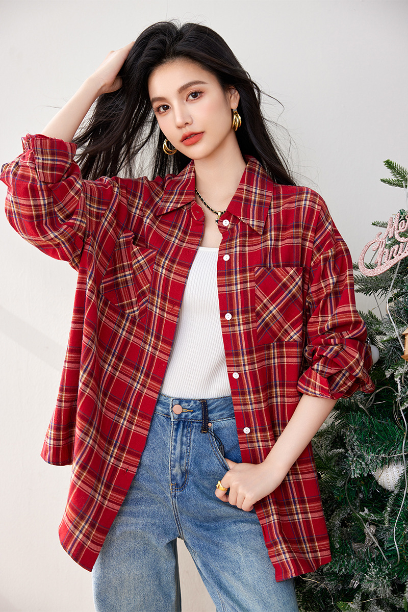 实拍◆现货◆长袖宽松复古红色格纹衬衫女新款百搭长款休闲外套