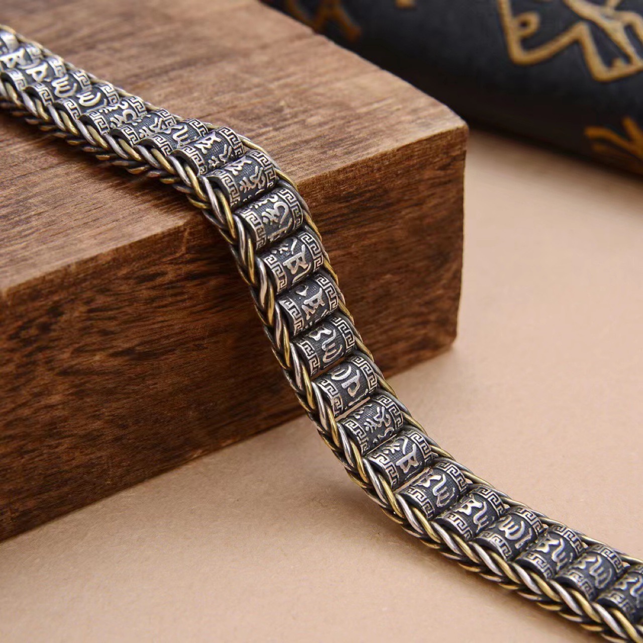 分色转经筒手链s925纯银做旧金边设计圆筒复古国潮手工编织手链男