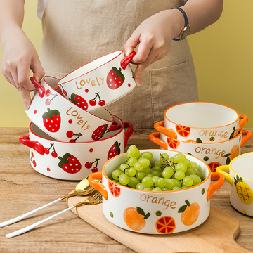 w6oi可爱少女心陶瓷双耳大号汤碗单个泡面碗带盖家用沙拉碗韩版in