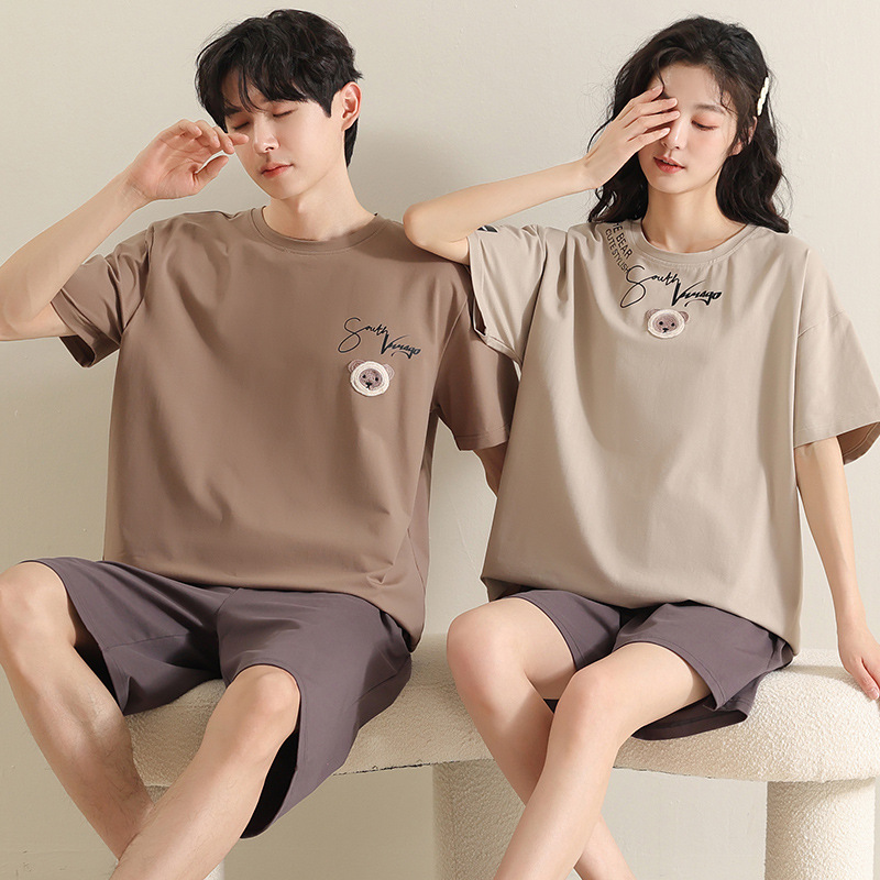 安得妮新款简约纯棉情侣睡衣女夏季短袖短裤薄款加大码家居服套装