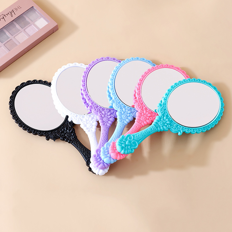 Wholesale Cross-Border European Pattern Hand-Held Makeup Mirror Portable Portable Dressing Ins Small Mirror Handle Makeup DIY Mirror