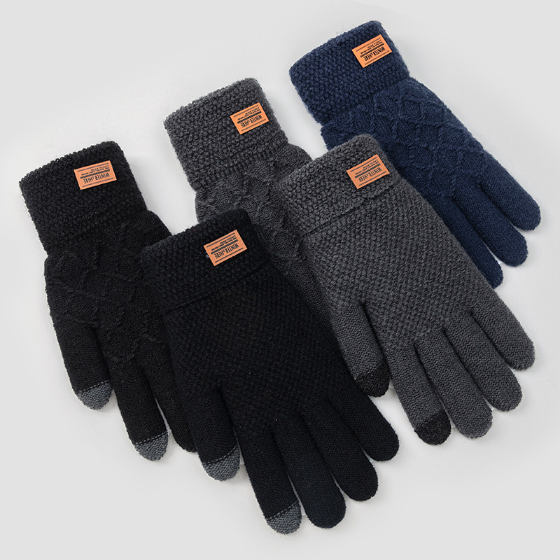 Large Size Gloves for Male Students Autumn and Winter Warm Touch Screen Cold Protection Fleece Five-Finger Knitted Wool Cycling Wholesale