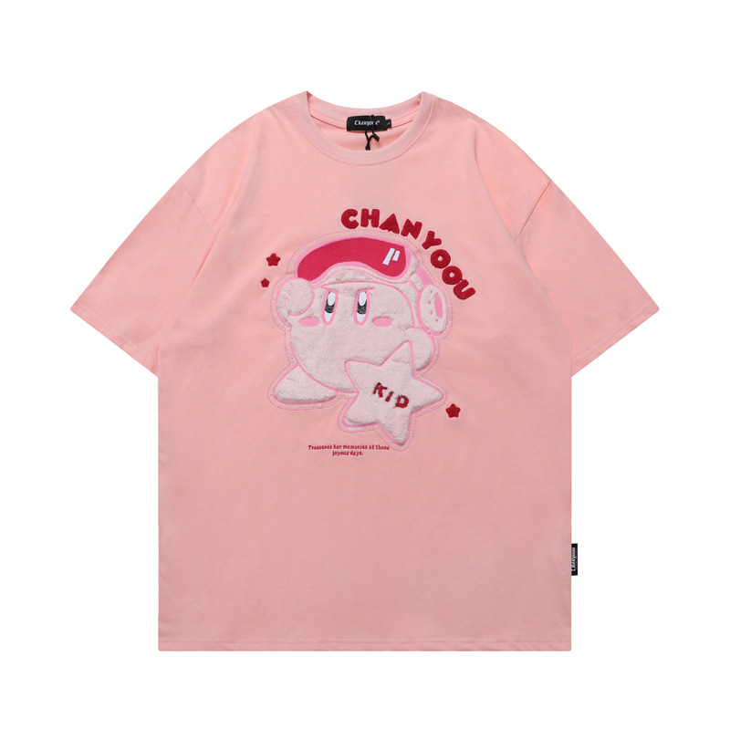 日系复古可爱胖丁卡通植绒刺绣短袖t恤男女日系学院风学生情侣tee