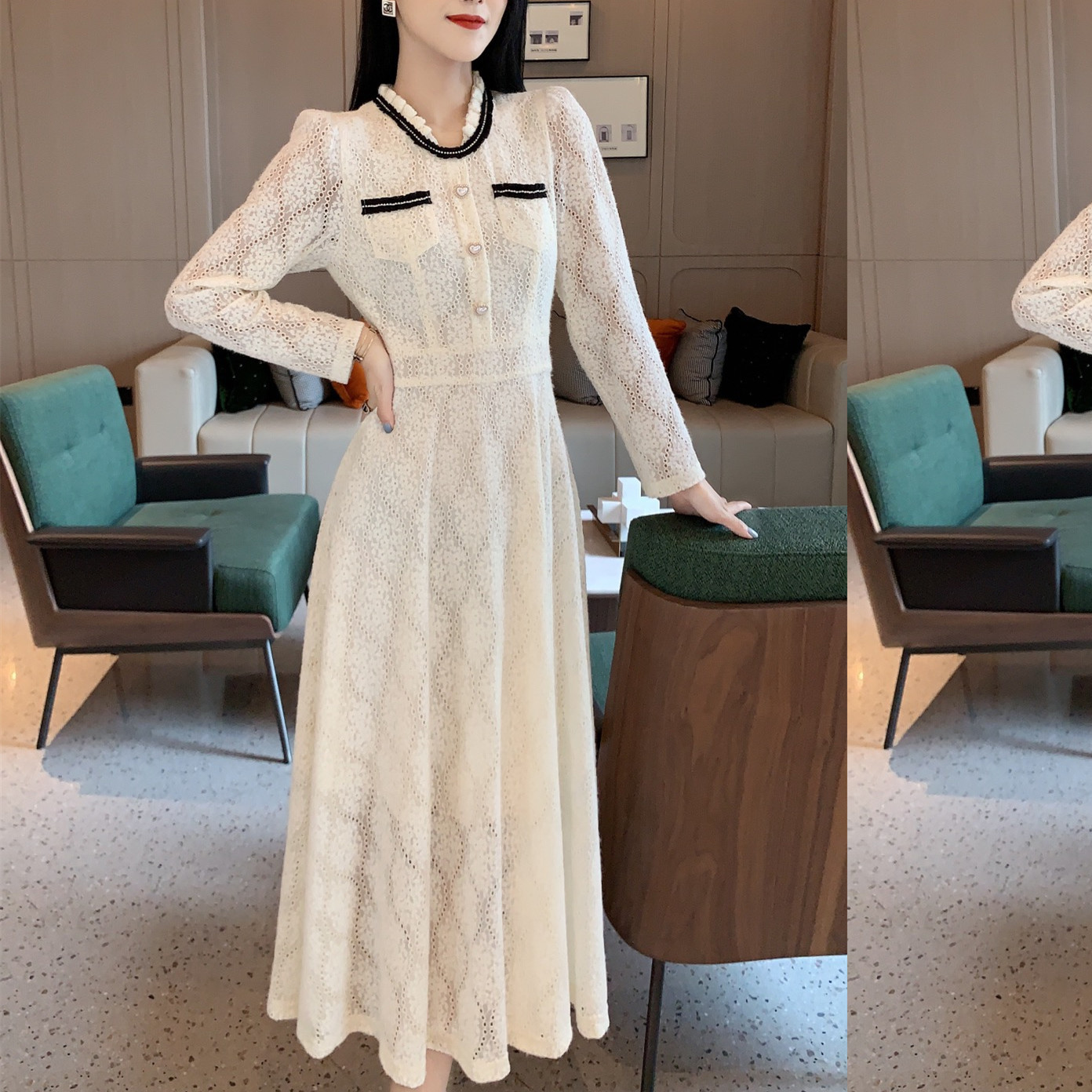 名媛淑女女神气质收腰蕾丝连衣裙修身气质高级秋冬中长款