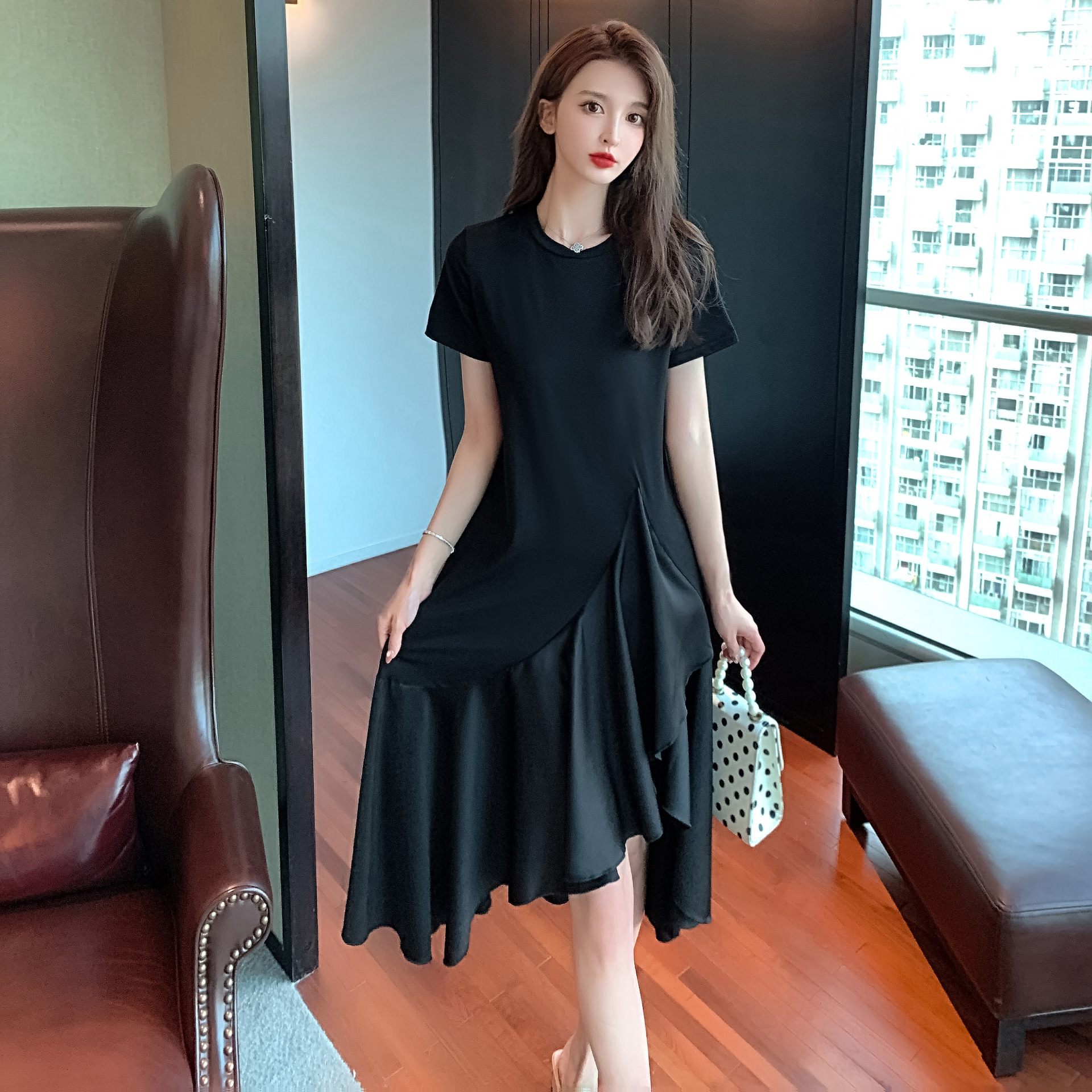 0成交4件复古大码宽松打底t恤裙长款过膝欧洲站小香鱼尾荷叶