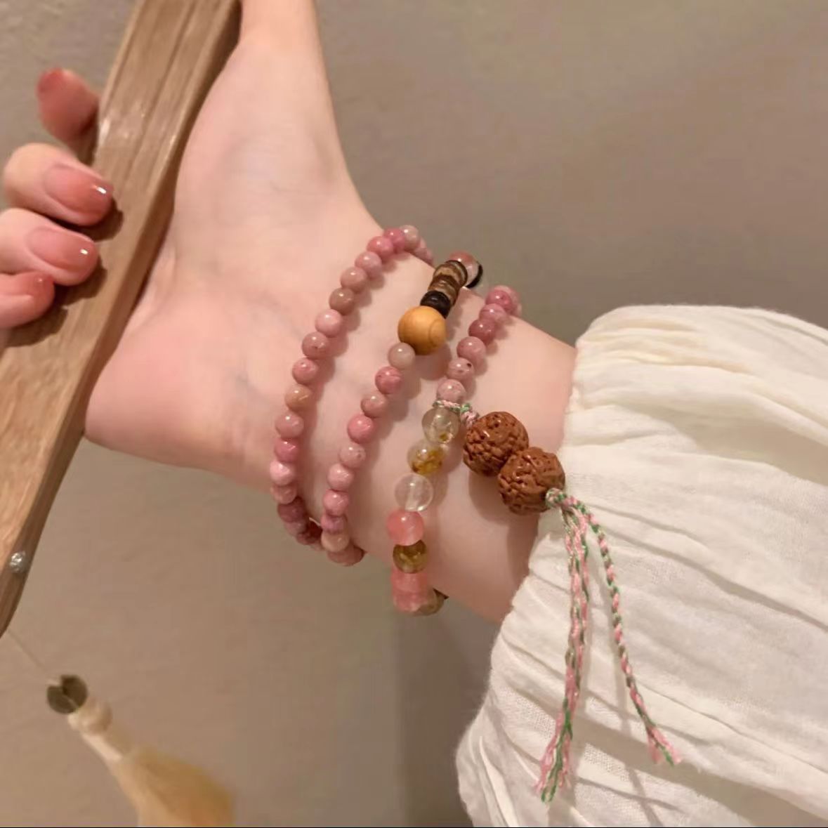 国潮复古桃夭红纹石多圈手串少女小众气质禅意文玩佛珠手链项链