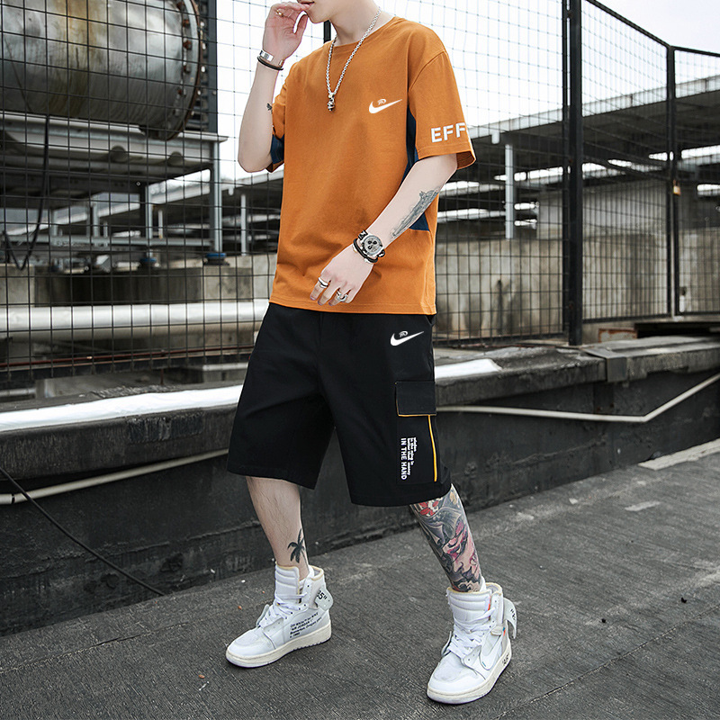Summer Menswear Thin Sports Suit Men's Full Set Casual Short-Sleeved T-shirt Workwear Shorts Student Cotton Running Suit