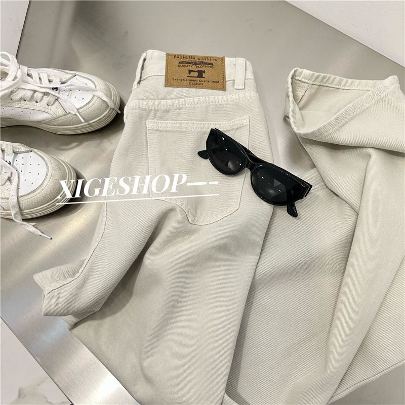 Retro Lime White High Waist Jeans for Women Leather Tag Design Street Style Slimming Versatile Korean Style Loose Straight Trousers