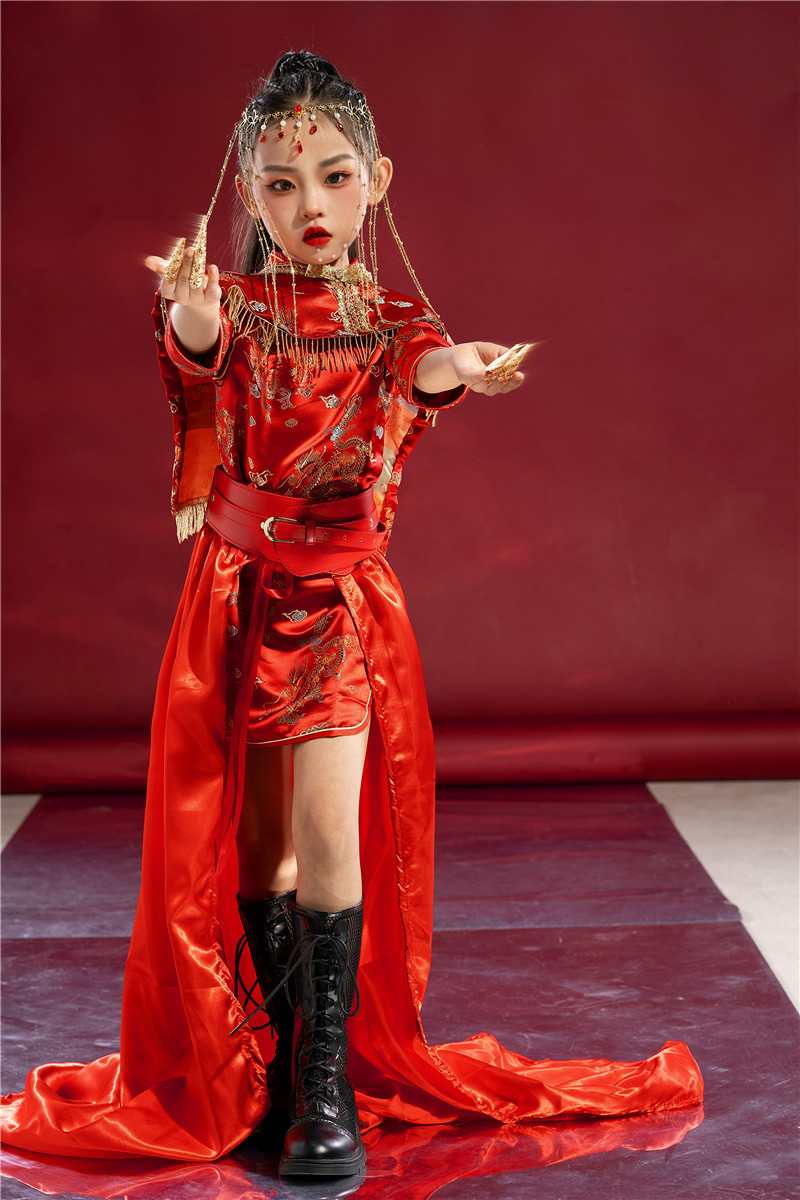 女童旗袍中国风潮服国潮走秀礼服红色中式模特演出服中大童民国风