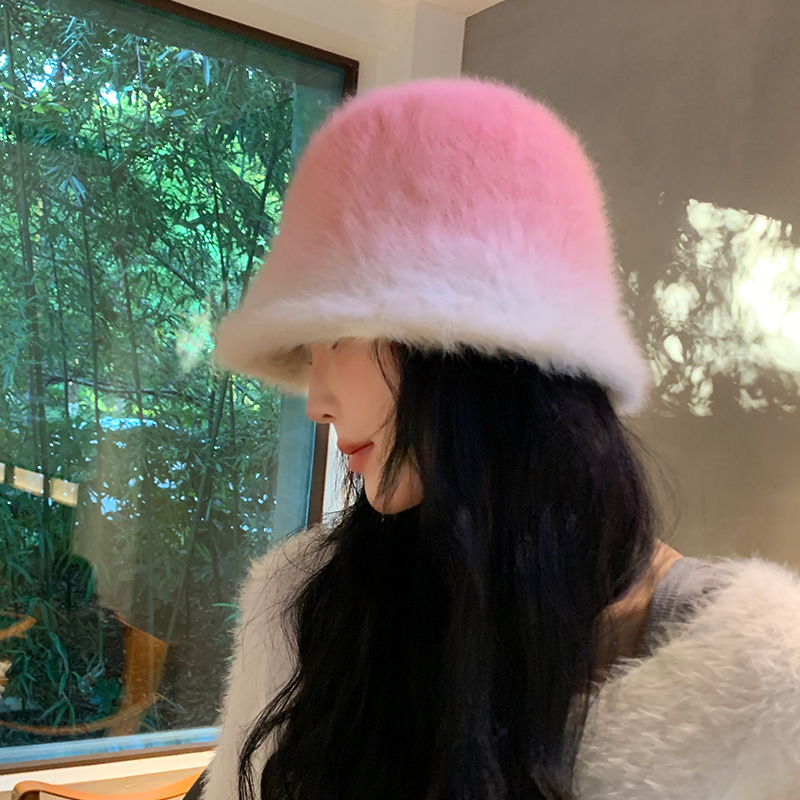 Autumn and Winter Korean Style Gradient Color Rabbit Fur Bucket Hat Face-Looking Small Outdoor Travel Warm Women's Fashion Bucket Hat Fashion