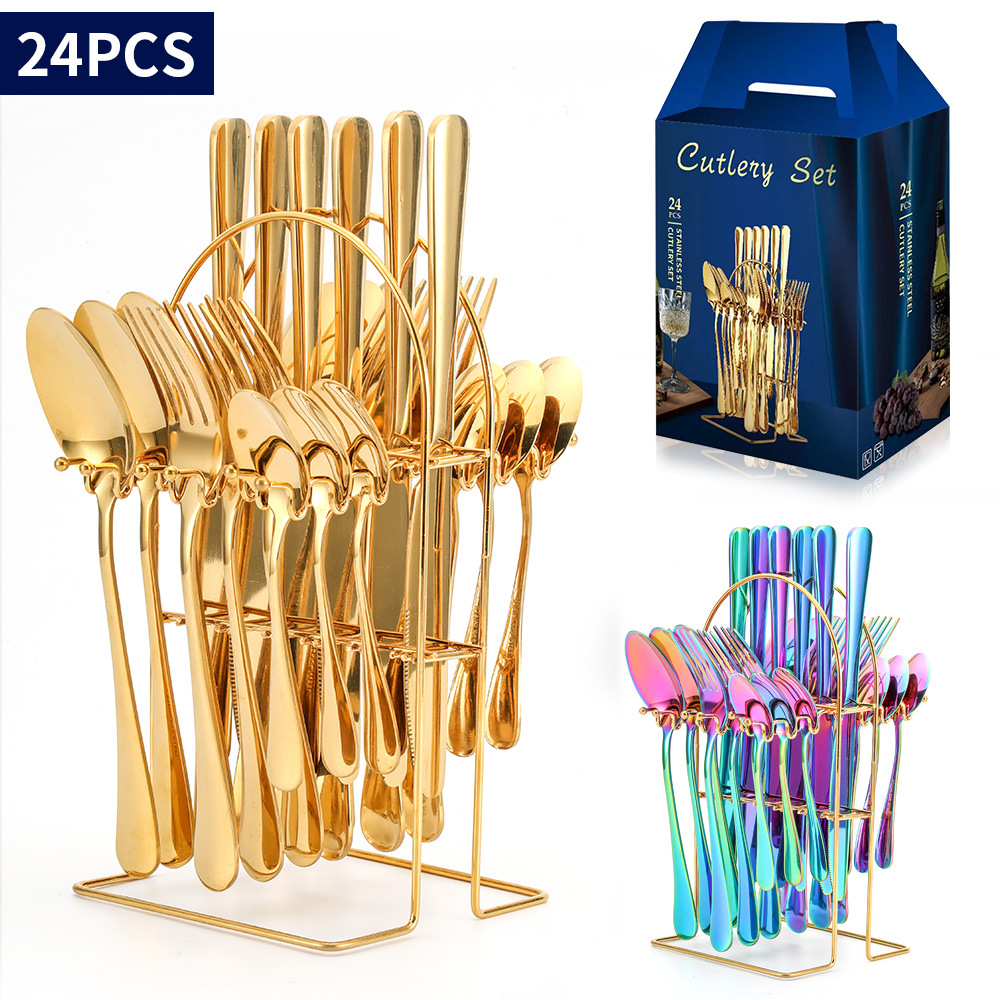 Amazon 1010 Stainless Steel Knife, Fork and Spoon Four Main Pieces Color-Plated Tableware Cross-Border Direct Sales 24 Pieces Set Rack Gift Box