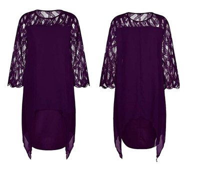EBay Amazon AliExpress European and American Style Lace Stitching 3/4 Sleeve Irregular Hem Chiffon Dress in Stock