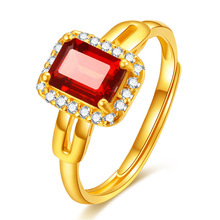 欧美时尚石榴石镶锆石方型戒指女款镀18k沙金开口红色宝石戒指女