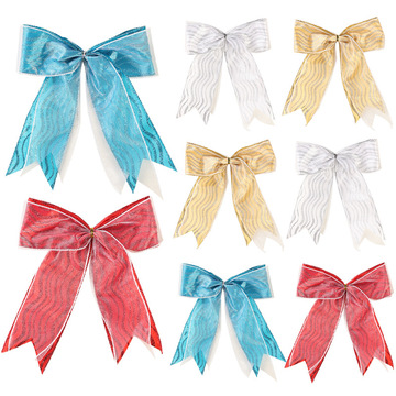 新款圣诞金银网纱闪粉波纹丝带蝴蝶结 圣诞树装饰道具礼盒蝴蝶结