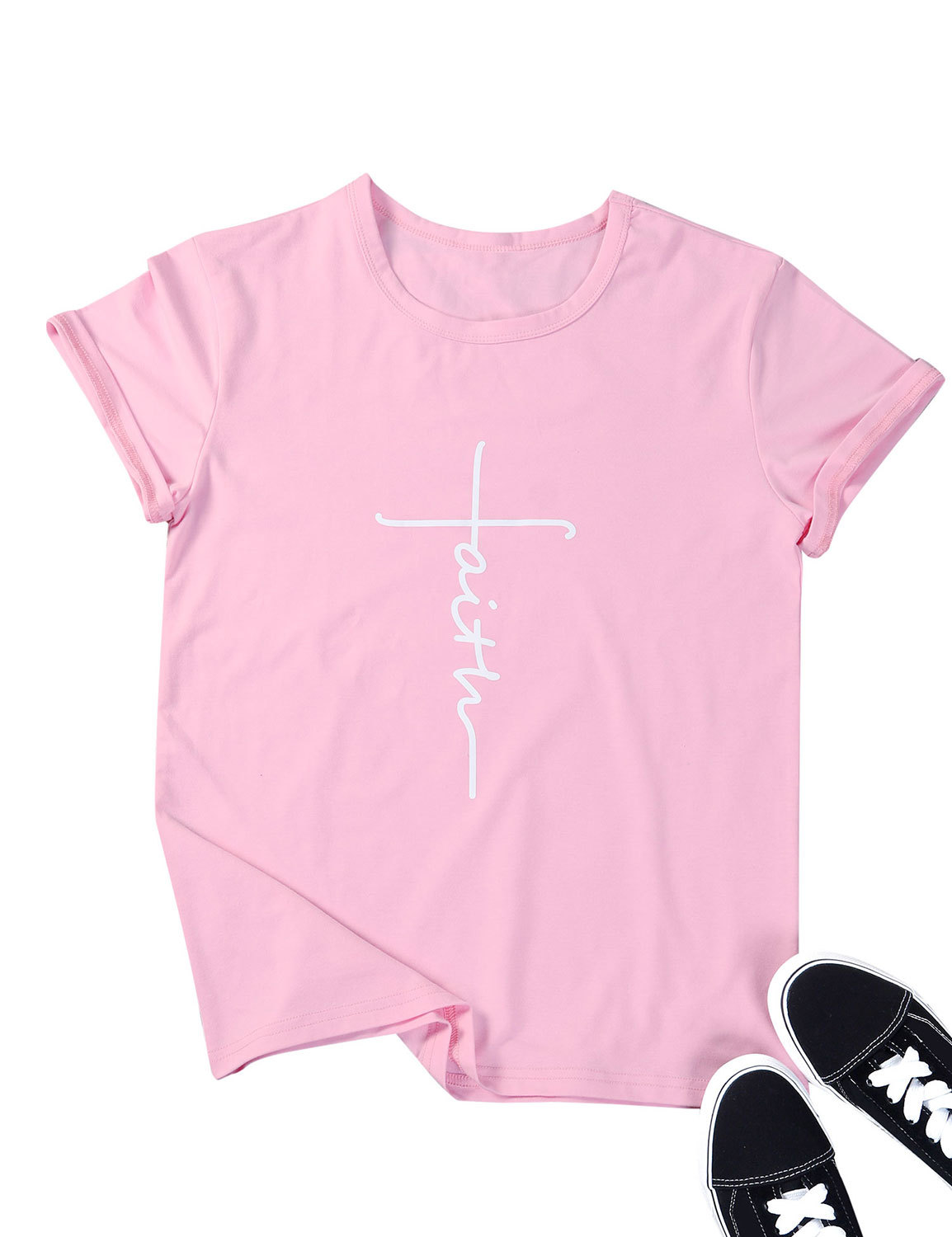 faith十字架2023新款夏季女士字母印印花短袖T恤花色鸡休闲T恤T恤