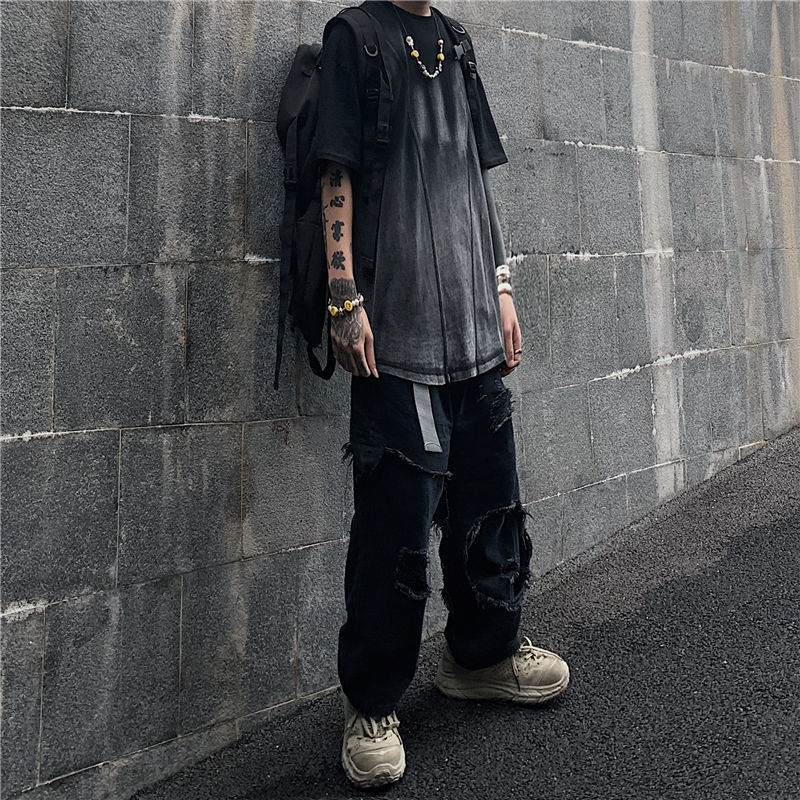 ins颓废风高街牛仔裤女宽松暗黑系嘻哈破洞假两件长裤中性风国潮