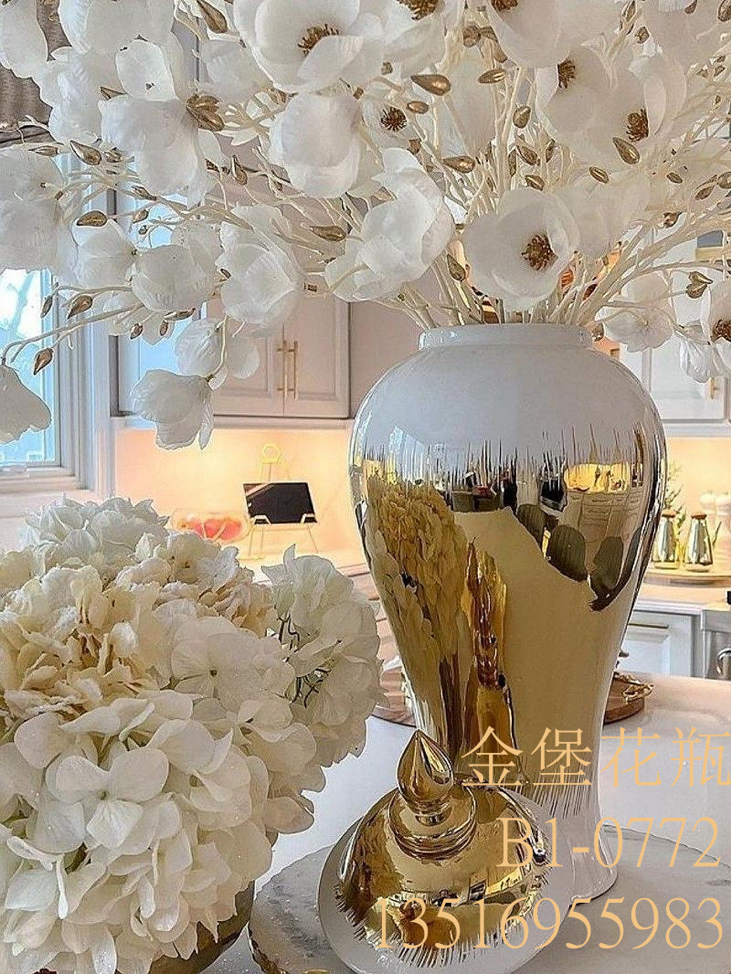 European-Style Electroplated Gold Ceramic Hat-Covered Jar Vase Decoration Light Luxury Crafts Model Room Soft Decoration Entrance Decoration