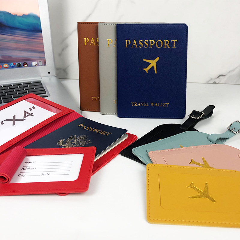 跨境仿皮烫金飞机带签名纸pu皮革护照夹包旅行护照套行李牌套装