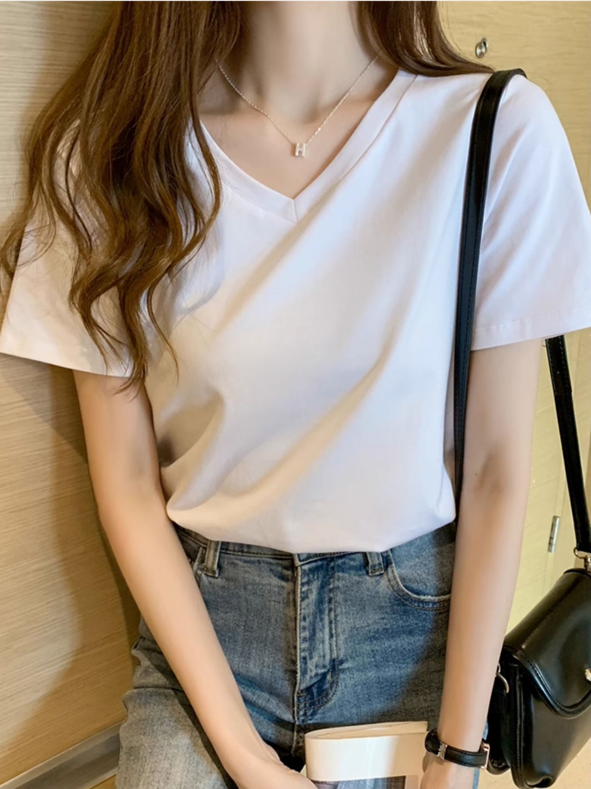 Cotton V-neck Short-Sleeved T-shirt Women's Inner Wear 2024 Spring and Summer New 220G Shoulder Base White Half-Sleeved Top