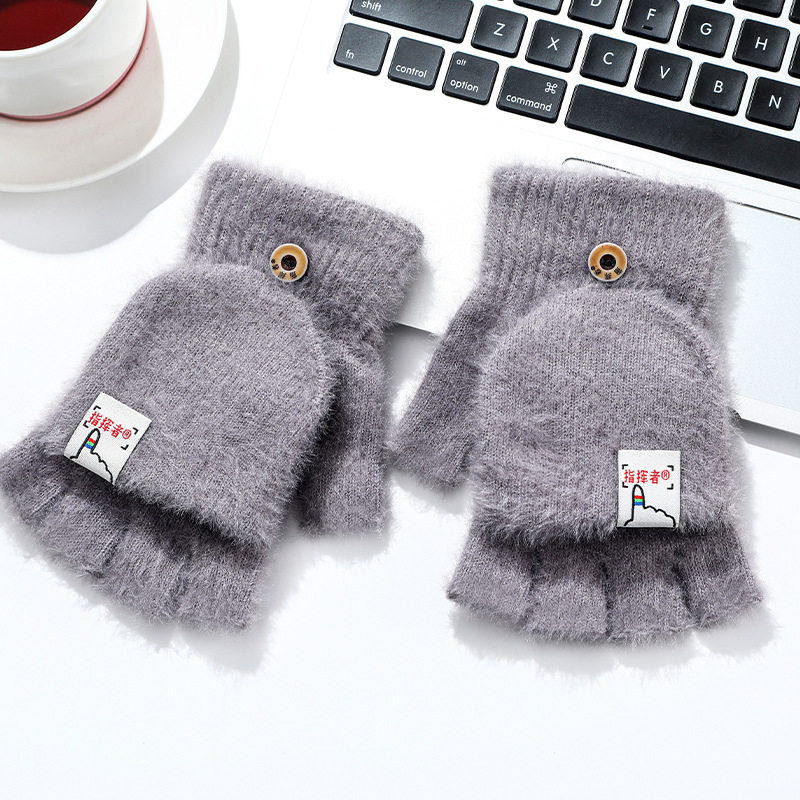 Plush Autumn and Winter Half Finger Flip Men and Women Warm Thickened Bag Student Writing Knitted Knitting Wool Gloves Wholesale