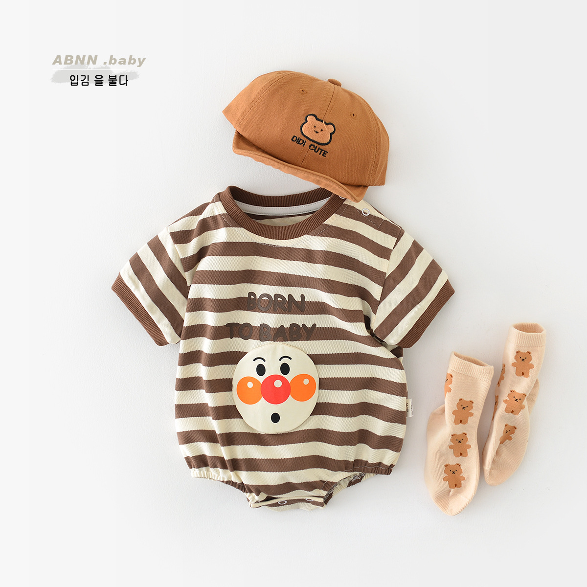 Summer New Baby Striped Boys and Girls Cartoon Three-Dimensional Smiley Face Stickers Jumpsuit Short Sleeve Cotton Romper Baby Clothes