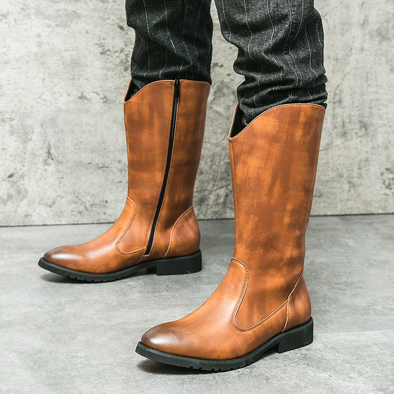 西部牛仔靴男大码46拉链长筒高筒皮靴骑士靴英伦复古马丁靴工装靴