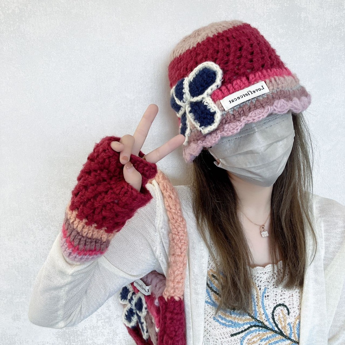 新款秋冬手工编织毛线帽三合一学院风百搭手套包包保暖针织帽子女